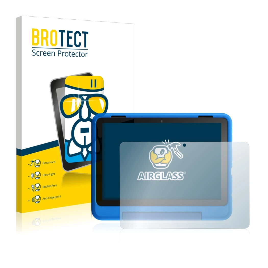 Parte frontal de un envase de producto con el logotipo de la marca BROTECT. Al lado se muestra el dispositivo Amazon Fire HD 8