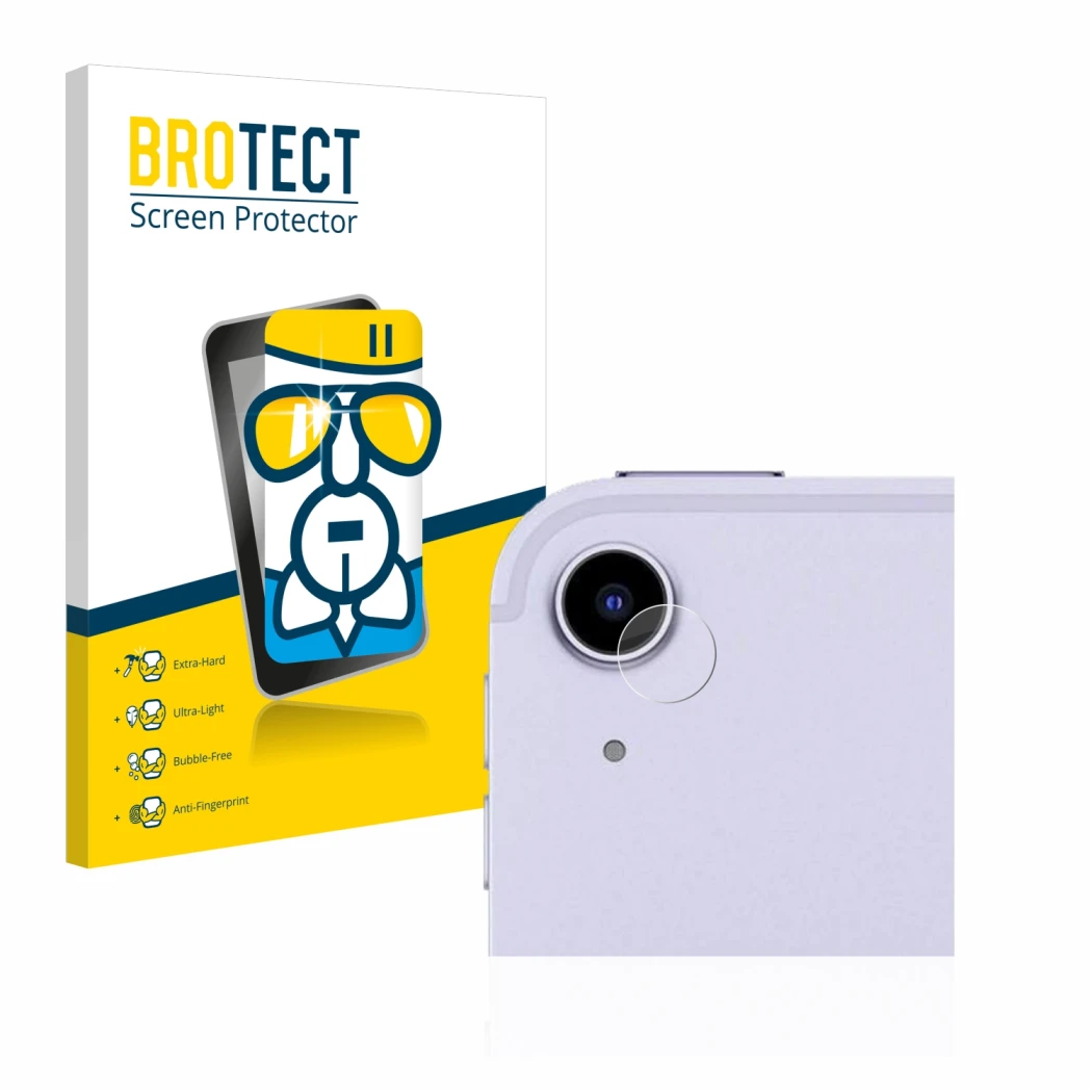 Parte frontal de un envase de producto con el logotipo de la marca BROTECT. Al lado se muestra el dispositivo Apple iPad Air 5