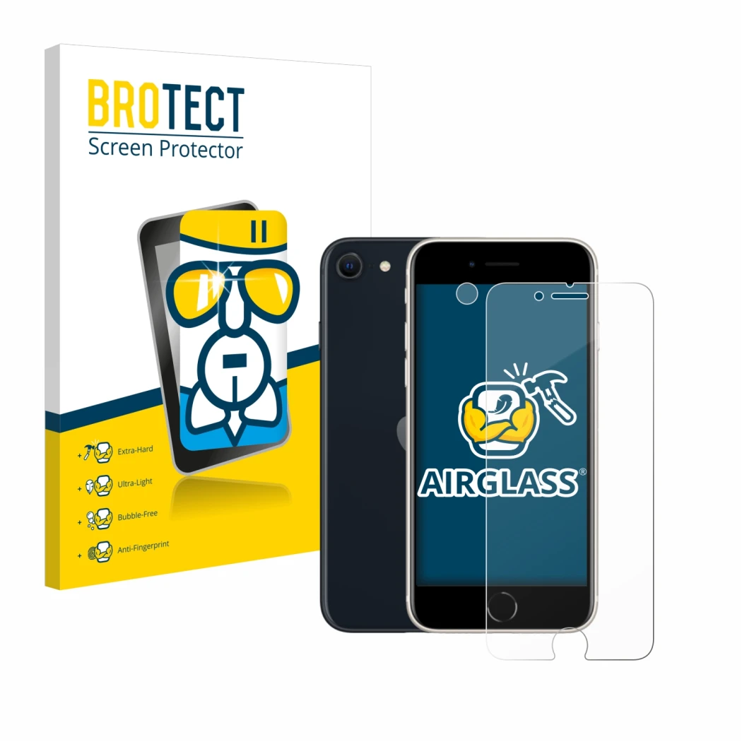 Parte frontal de un envase de producto con el logotipo de la marca BROTECT. Al lado se muestra el dispositivo Apple iPhone SE 