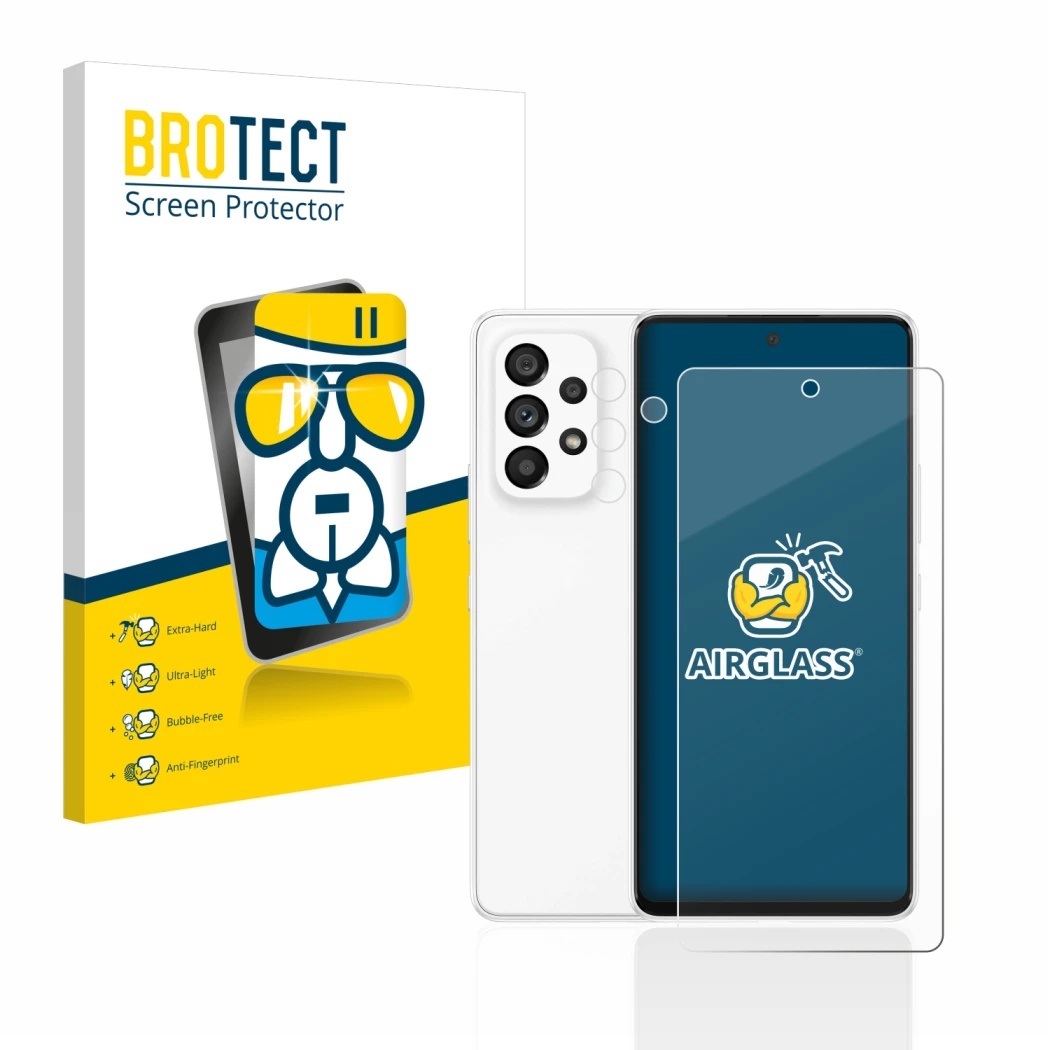Parte frontal de un envase de producto con el logotipo de la marca BROTECT. Al lado se muestra el dispositivo Samsung Galaxy A