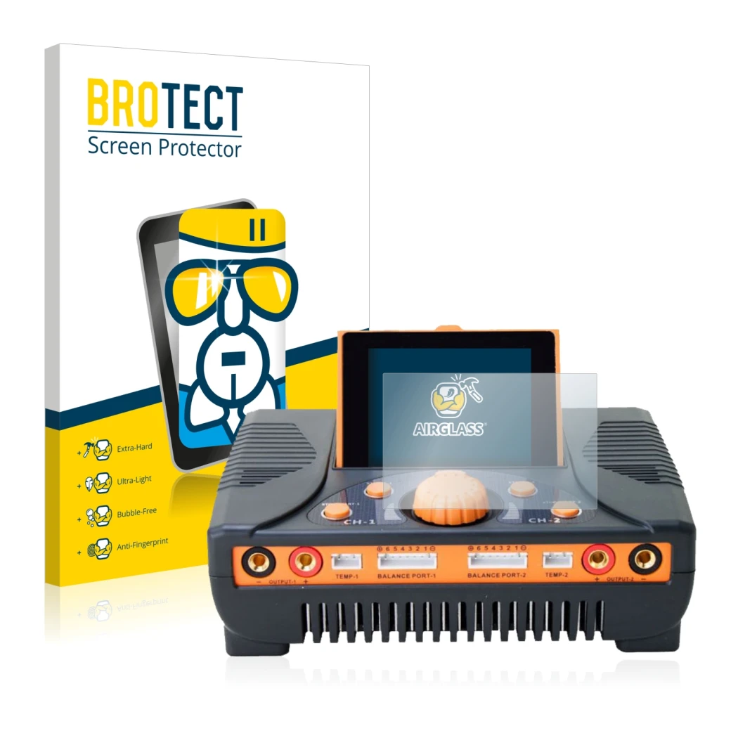 Parte frontal de un envase de producto con el logotipo de la marca BROTECT. Al lado se muestra el dispositivo Junsi iCharger 4