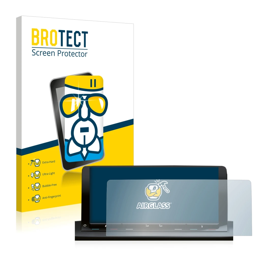 Parte frontal de un envase de producto con el logotipo de la marca BROTECT. Al lado se muestra el dispositivo Volkswagen Caddy