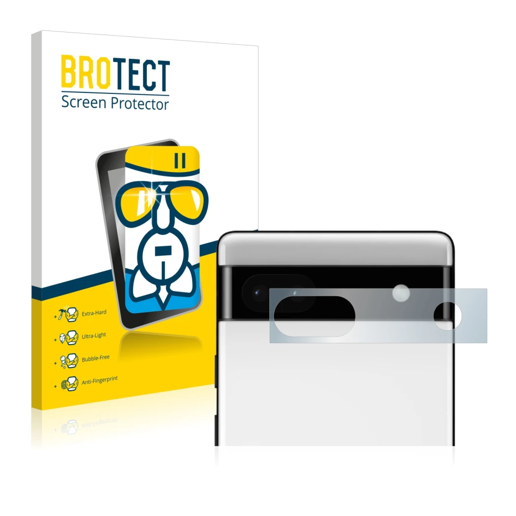 Parte frontal de un envase de producto con el logotipo de la marca BROTECT. Al lado se muestra el dispositivo Google Pixel 6a 