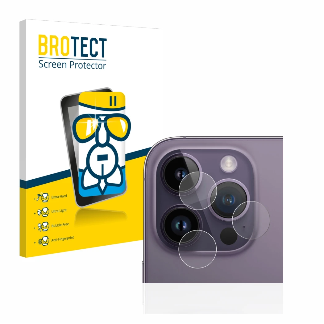 Parte frontal de un envase de producto con el logotipo de la marca BROTECT. Al lado se muestra el dispositivo Apple iPhone 14 