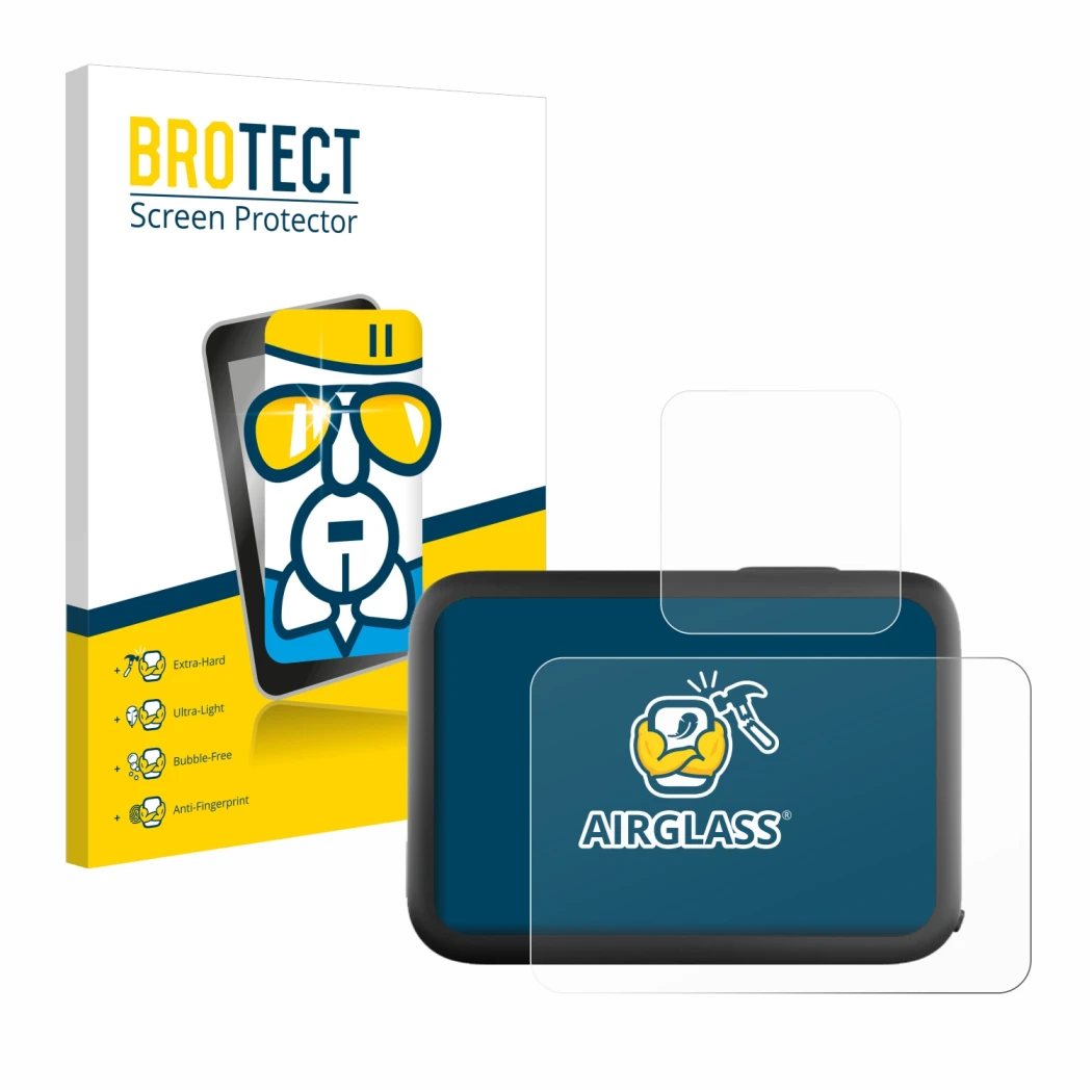 Parte frontal de un envase de producto con el logotipo de la marca BROTECT. Al lado se muestra el dispositivo GoPro Hero 11 Bl