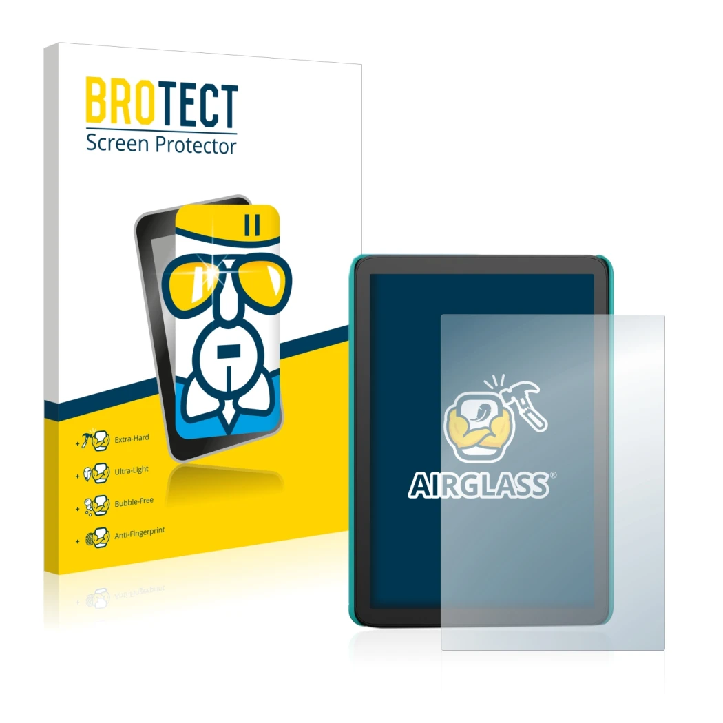 Parte frontal de un envase de producto con el logotipo de la marca BROTECT. Al lado se muestra el dispositivo Amazon Kindle Ki