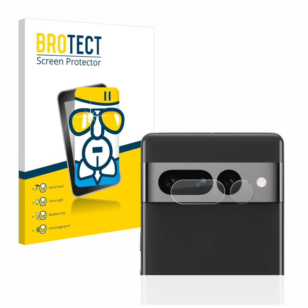 Parte frontal de un envase de producto con el logotipo de la marca BROTECT. Al lado se muestra el dispositivo Google Pixel 7 P