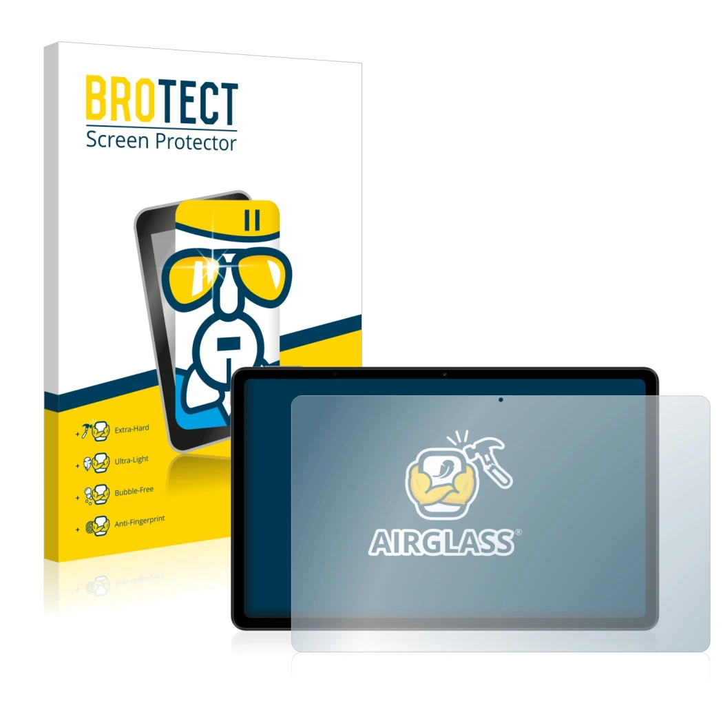 Parte frontal de un envase de producto con el logotipo de la marca BROTECT. Al lado se muestra el dispositivo Xiaomi Redmi Pad