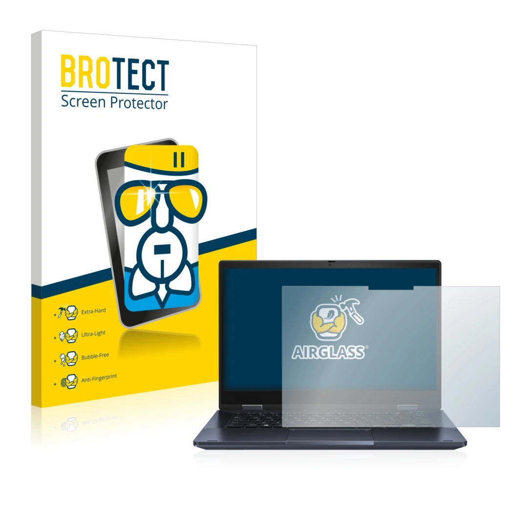 Parte frontal de un envase de producto con el logotipo de la marca BROTECT. Al lado se muestra el dispositivo ASUS ExpertBook 