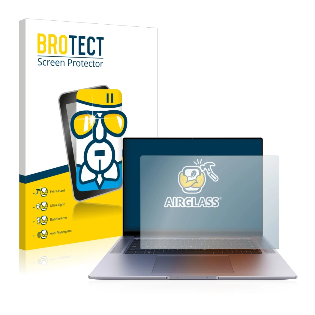 Parte frontal de un envase de producto con el logotipo de la marca BROTECT. Al lado se muestra el dispositivo Huawei MateBook 