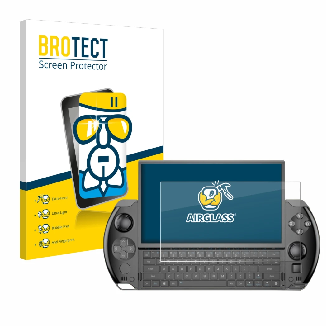Parte frontal de un envase de producto con el logotipo de la marca BROTECT. Al lado se muestra el dispositivo GPD Win 4 con su