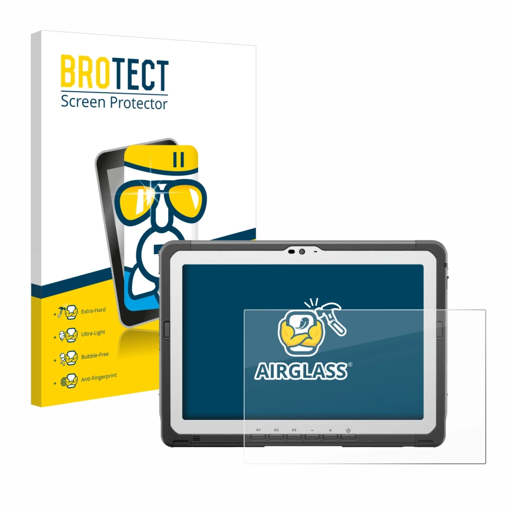 Parte frontal de un envase de producto con el logotipo de la marca BROTECT. Al lado se muestra el dispositivo Panasonic Toughb