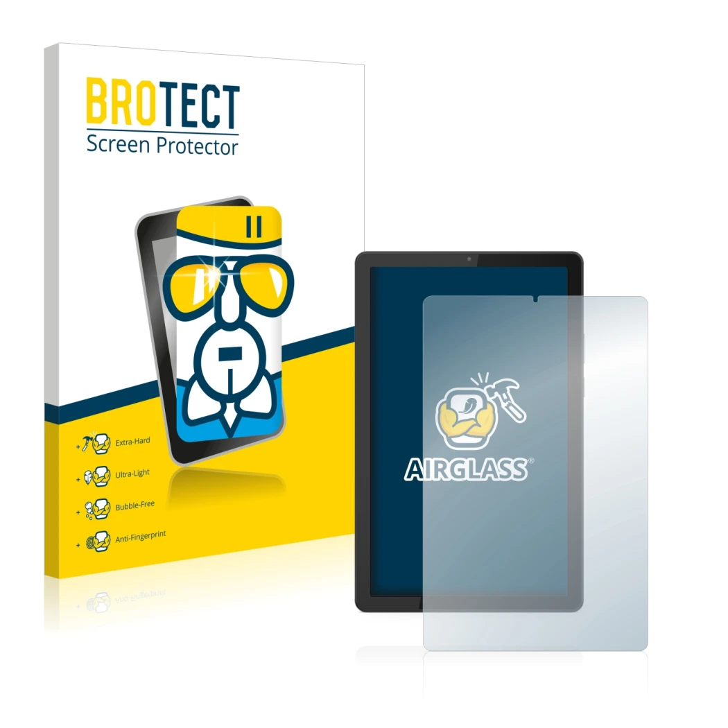 Parte frontal de un envase de producto con el logotipo de la marca BROTECT. Al lado se muestra el dispositivo Lenovo Tab M9 co