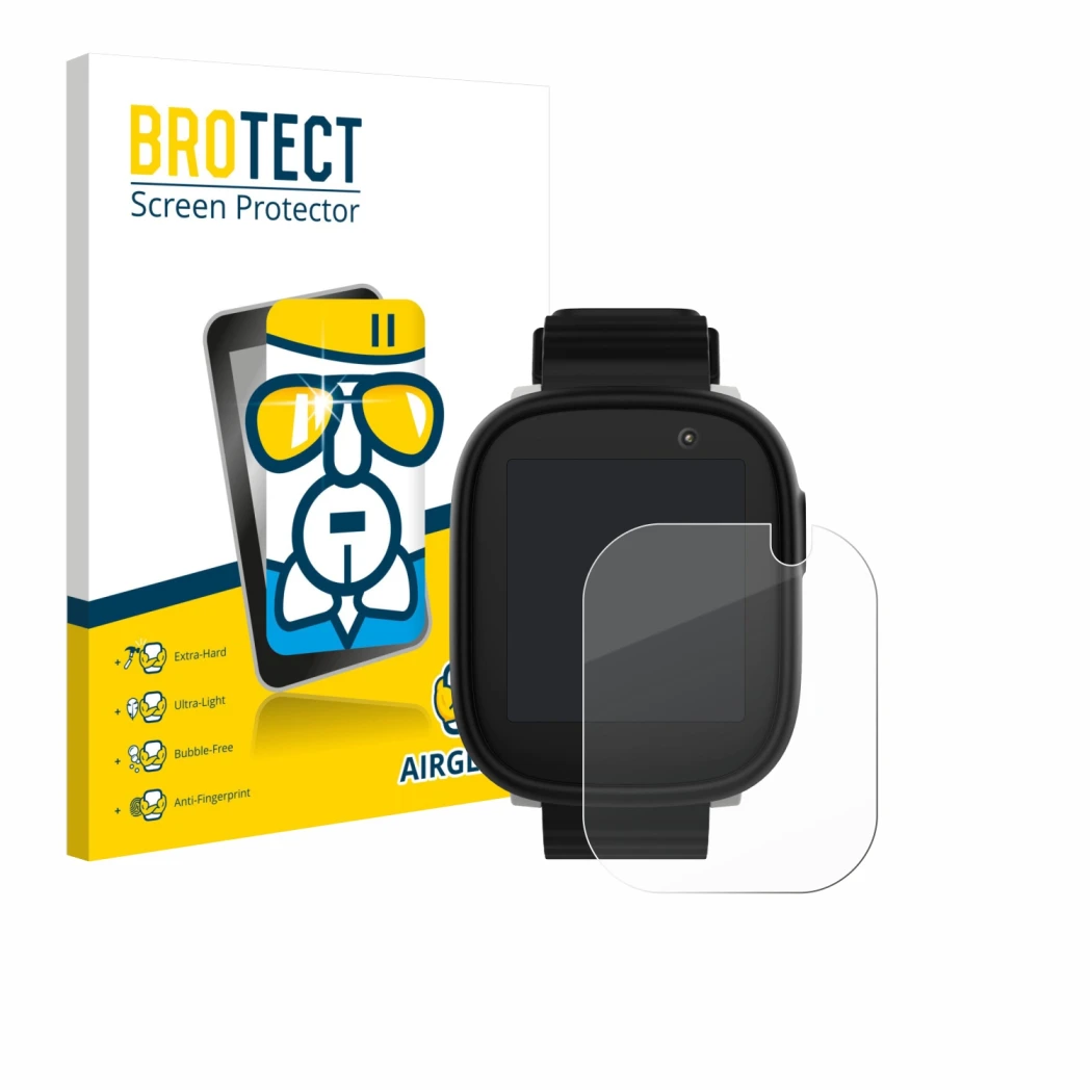 Parte frontal de un envase de producto con el logotipo de la marca BROTECT. Al lado se muestra el dispositivo Xplora X6 Play 2