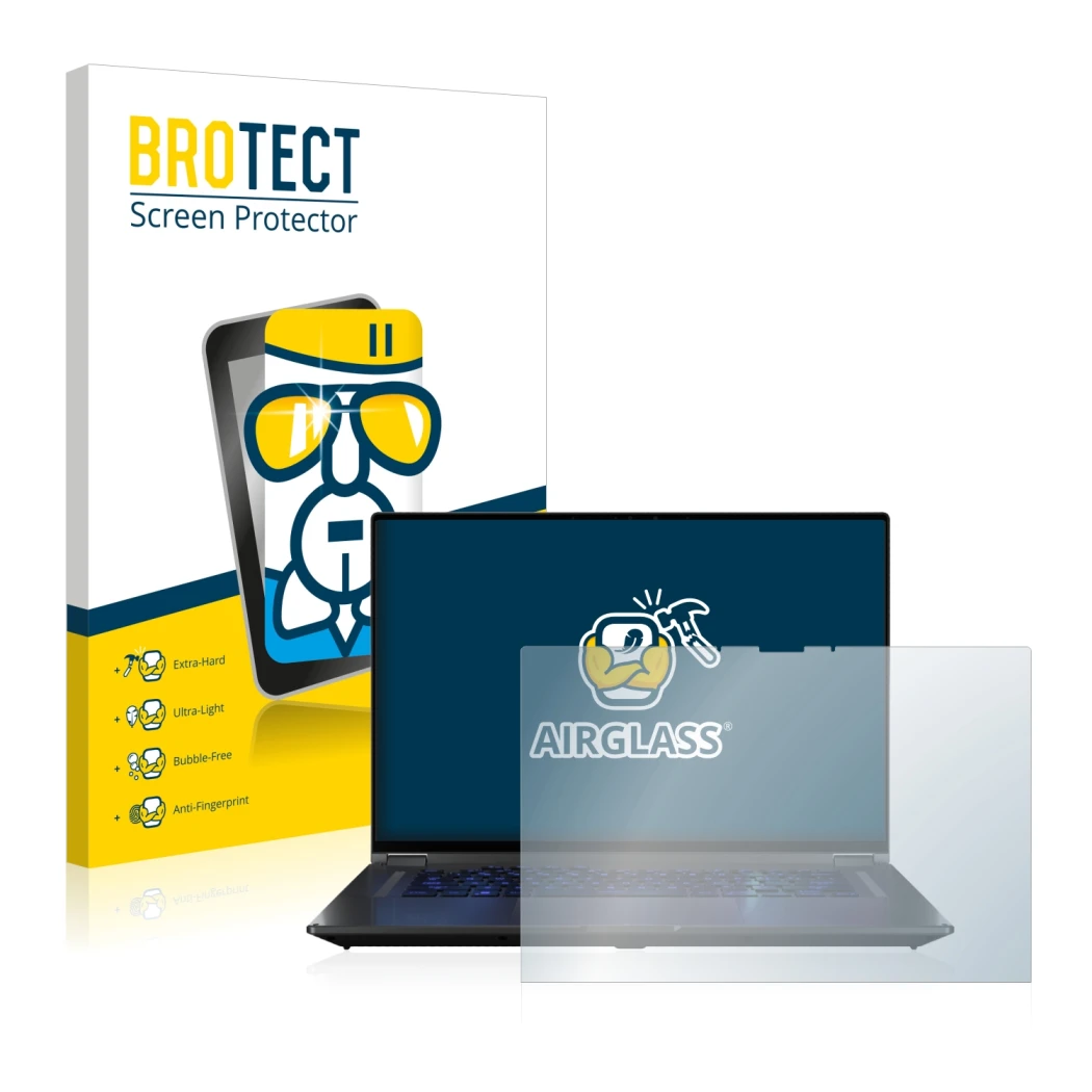 Parte frontal de un envase de producto con el logotipo de la marca BROTECT. Al lado se muestra el dispositivo ASUS ROG Flow X1