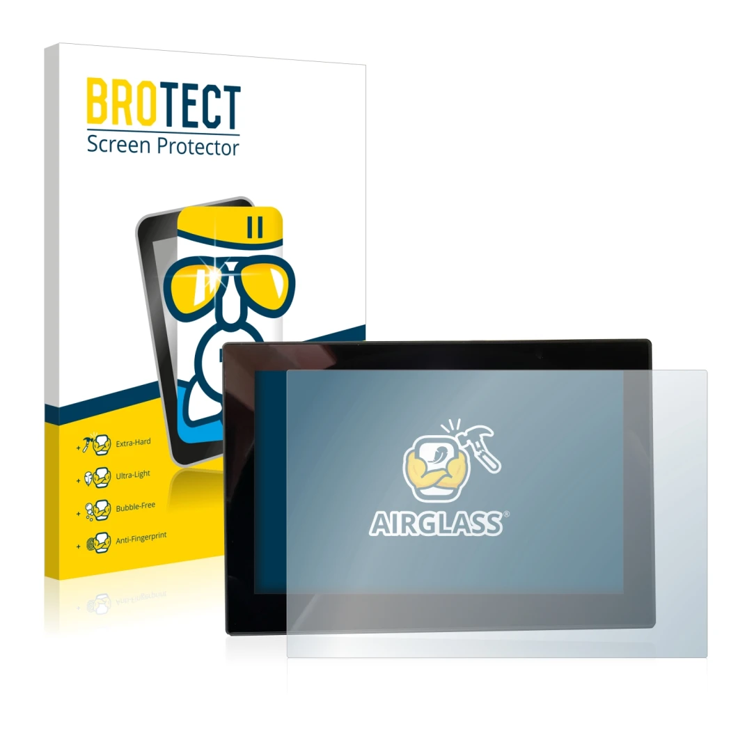 Parte frontal de un envase de producto con el logotipo de la marca BROTECT. Al lado se muestra el dispositivo MG 4 7-Zoll Digi