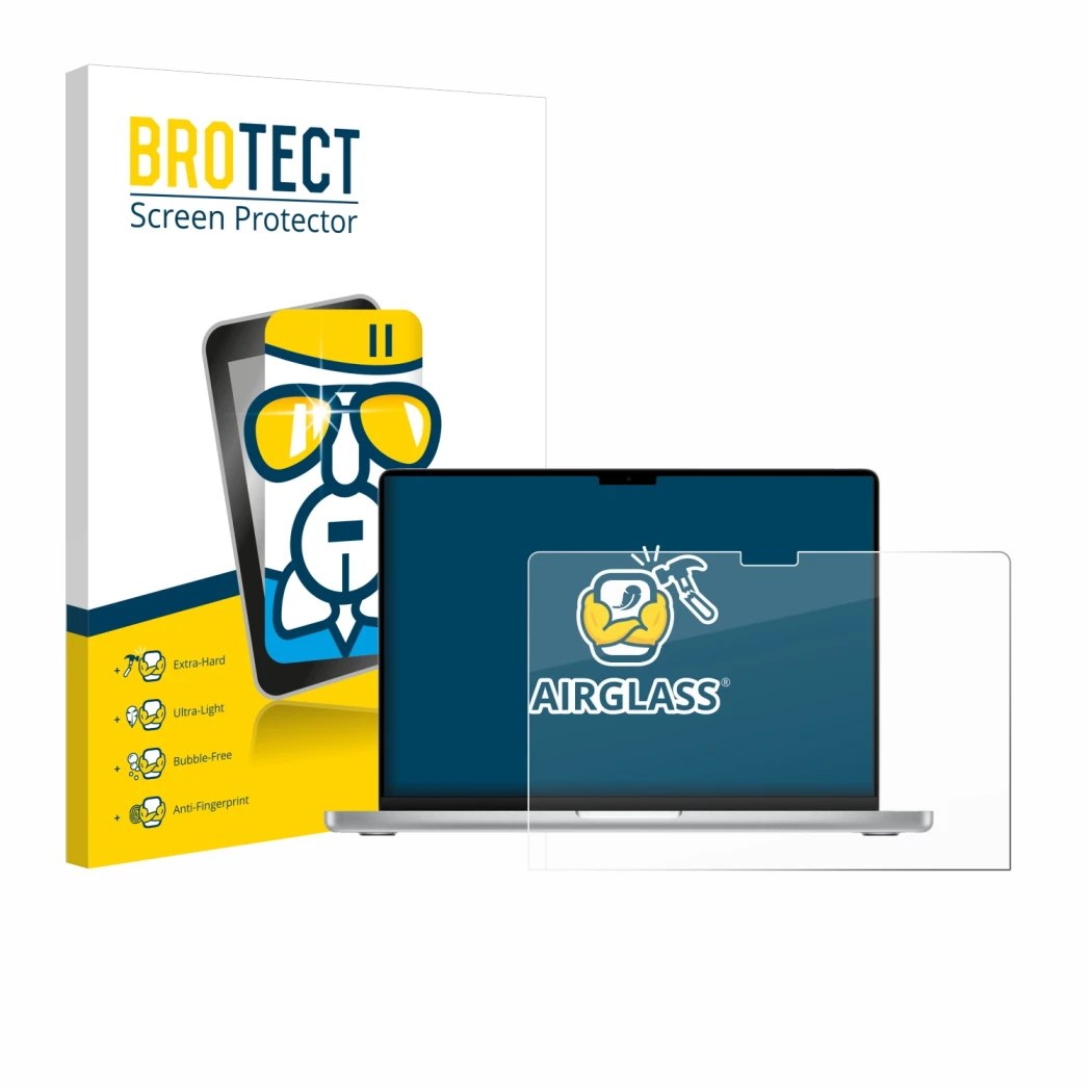 Parte frontal de un envase de producto con el logotipo de la marca BROTECT. Al lado se muestra el dispositivo Apple MacBook Pr