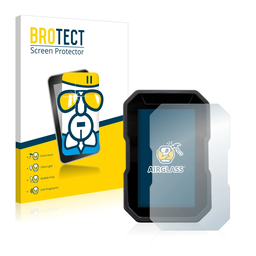 Parte frontal de un envase de producto con el logotipo de la marca BROTECT. Al lado se muestra el dispositivo Ducati DesertX 2