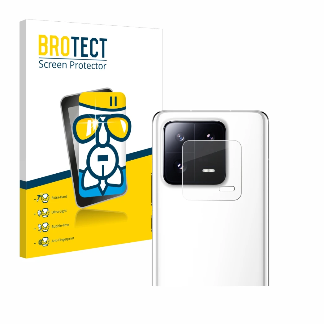 Parte frontal de un envase de producto con el logotipo de la marca BROTECT. Al lado se muestra el dispositivo Xiaomi 13 Pro (S