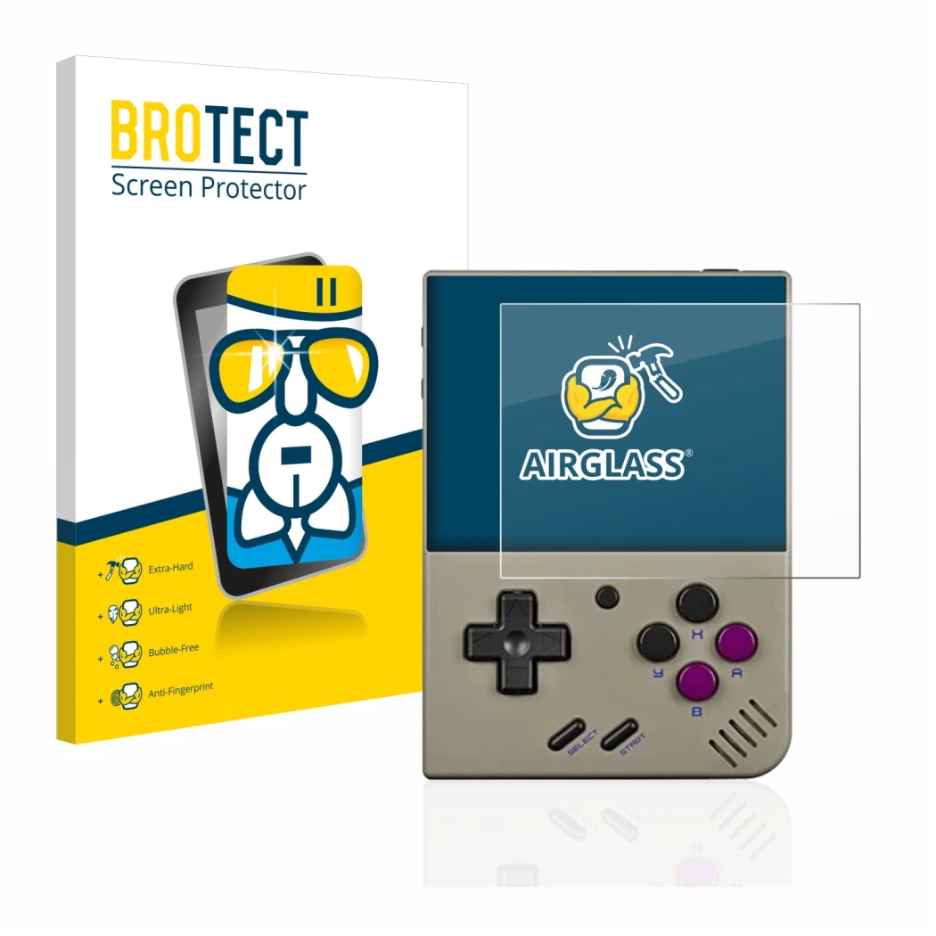 Parte frontal de un envase de producto con el logotipo de la marca BROTECT. Al lado se muestra el dispositivo Miyoo Mini Plus 