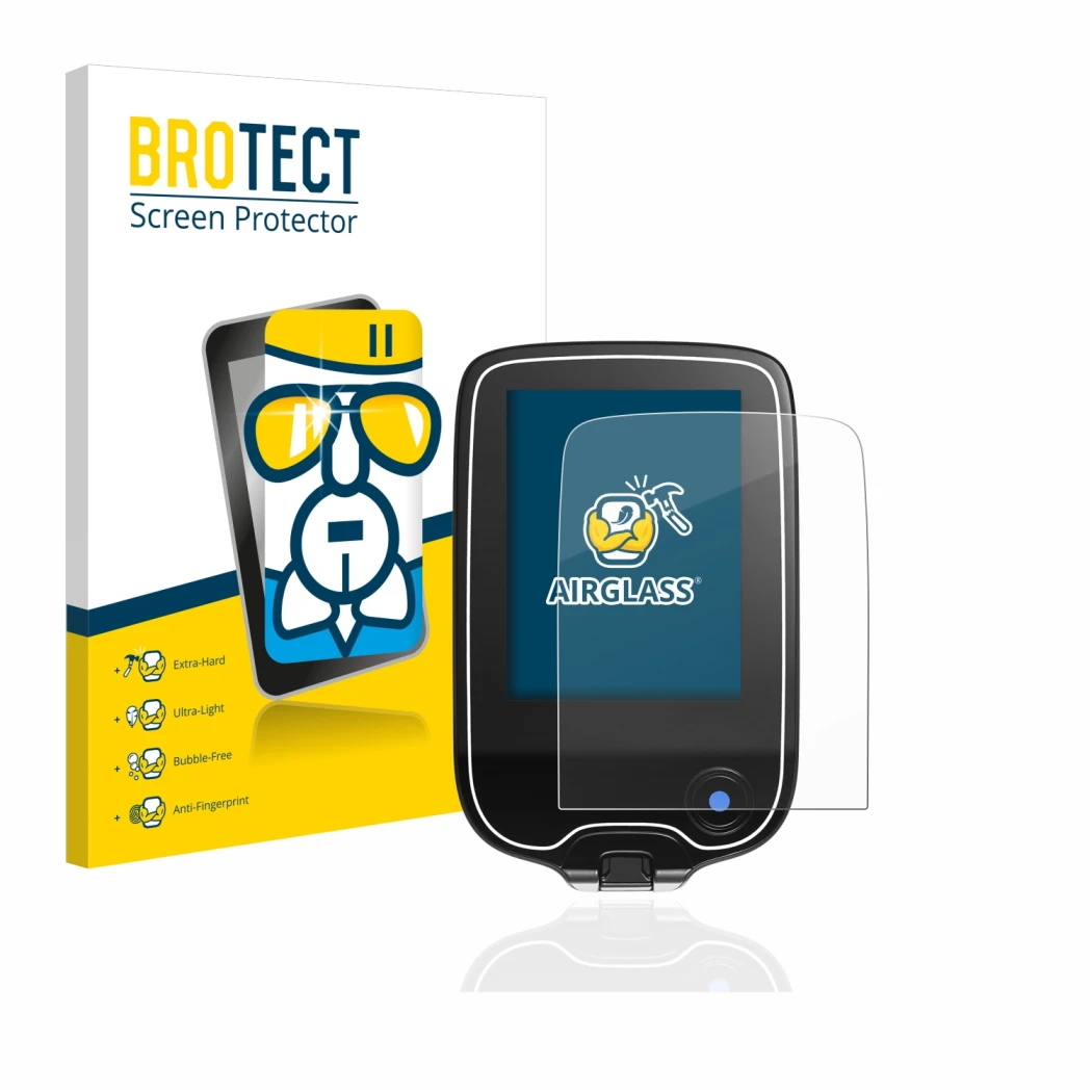 Parte frontal de un envase de producto con el logotipo de la marca BROTECT. Al lado se muestra el dispositivo Freestyle Libre 