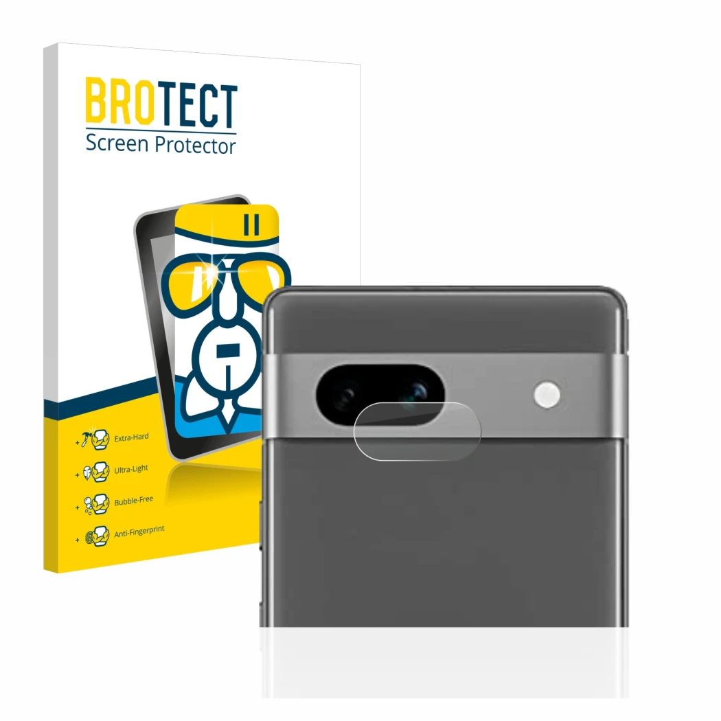 Parte frontal de un envase de producto con el logotipo de la marca BROTECT. Al lado se muestra el dispositivo Google Pixel 7a