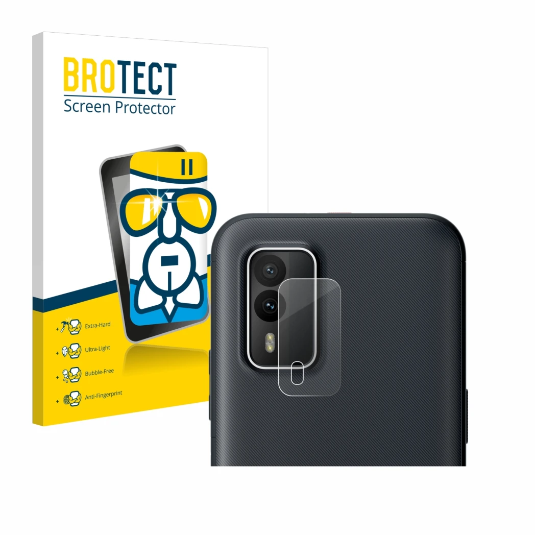 Parte frontal de un envase de producto con el logotipo de la marca BROTECT. Al lado se muestra el dispositivo Nokia XR21 (SÓLO