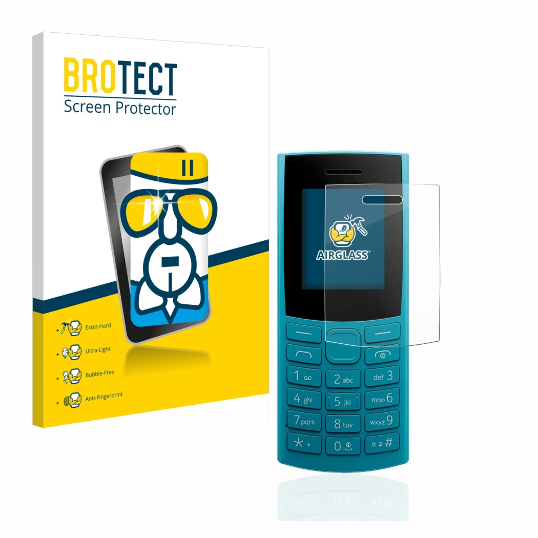 Parte frontal de un envase de producto con el logotipo de la marca BROTECT. Al lado se muestra el dispositivo Nokia 105 4G (20