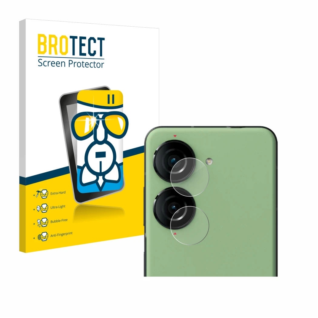 Parte frontal de un envase de producto con el logotipo de la marca BROTECT. Al lado se muestra el dispositivo ASUS ZenFone 10 