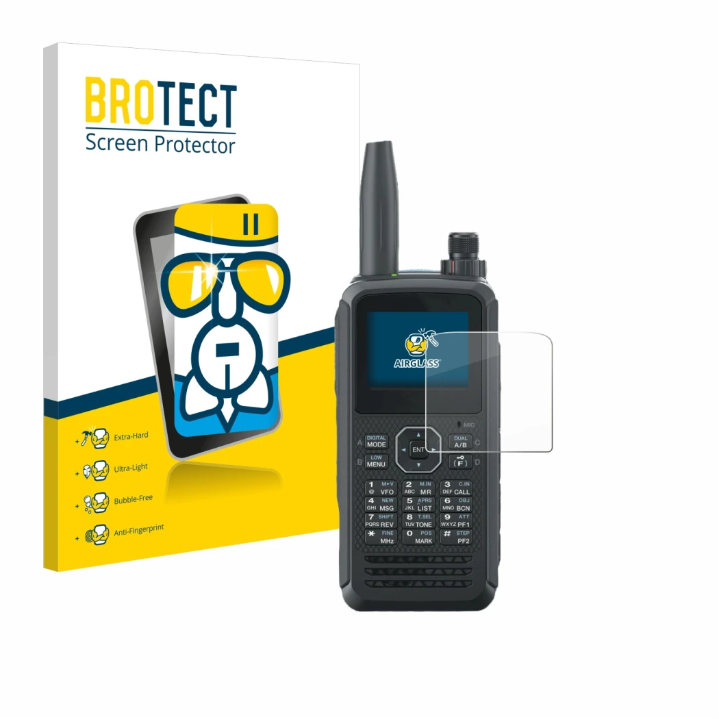 Parte frontal de un envase de producto con el logotipo de la marca BROTECT. Al lado se muestra el dispositivo Kenwood TH-D75E