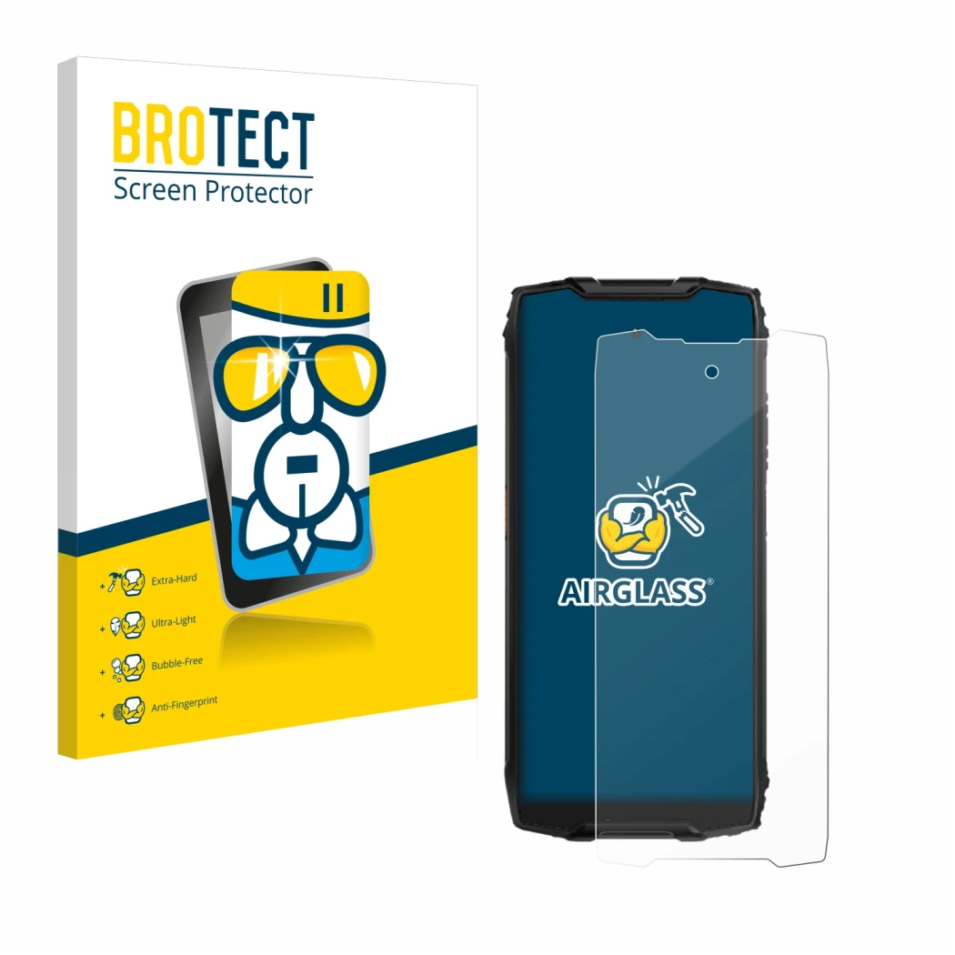 Parte frontal de un envase de producto con el logotipo de la marca BROTECT. Al lado se muestra el dispositivo Blackview BV9300