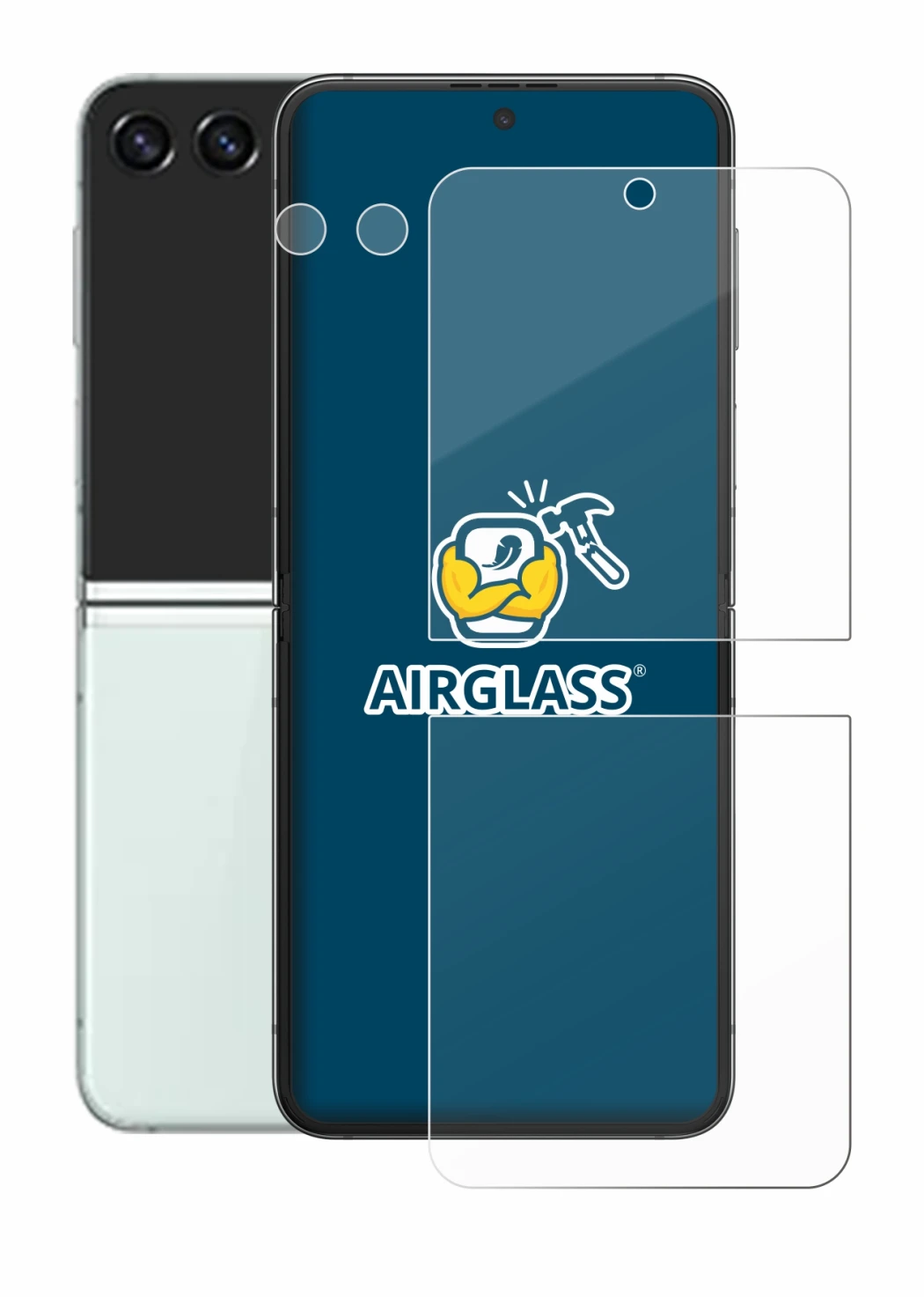 Imagen del dispositivo Samsung Galaxy Z Flip 5 (Frontal+Cámara) con una amplia variedad de protectores de pantalla.