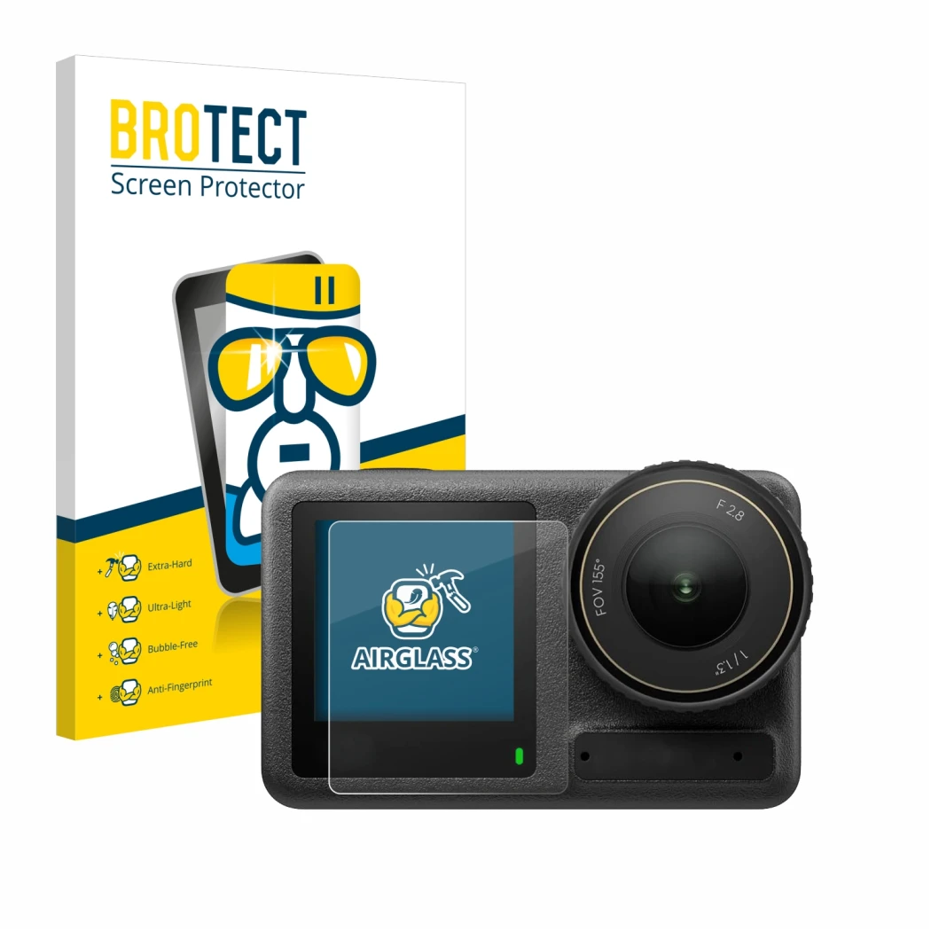 Parte frontal de un envase de producto con el logotipo de la marca BROTECT. Al lado se muestra el dispositivo DJI Osmo Action