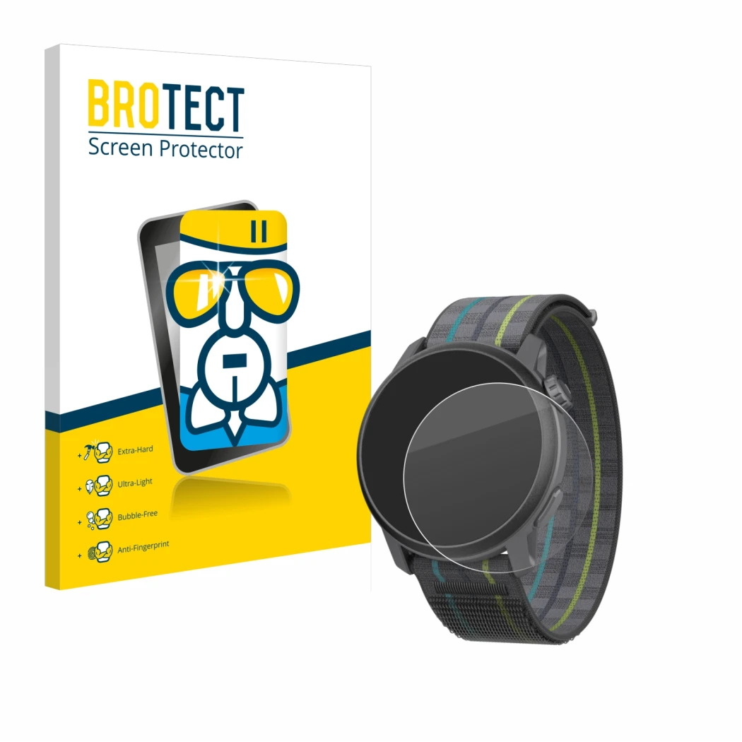 Parte frontal de un envase de producto con el logotipo de la marca BROTECT. Al lado se muestra el dispositivo Coros Pace 3 con