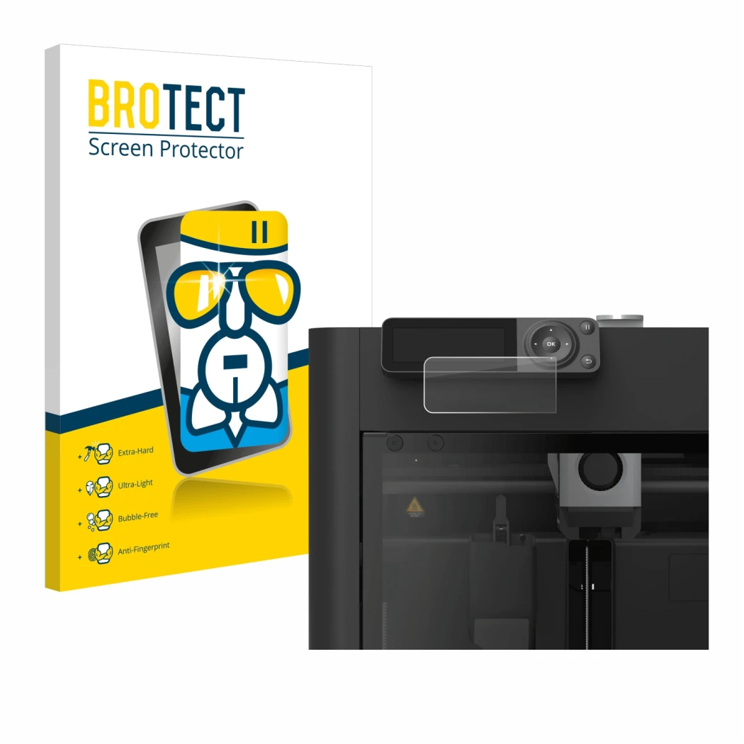 Parte frontal de un envase de producto con el logotipo de la marca BROTECT. Al lado se muestra el dispositivo Bambu Lab P1S 3D