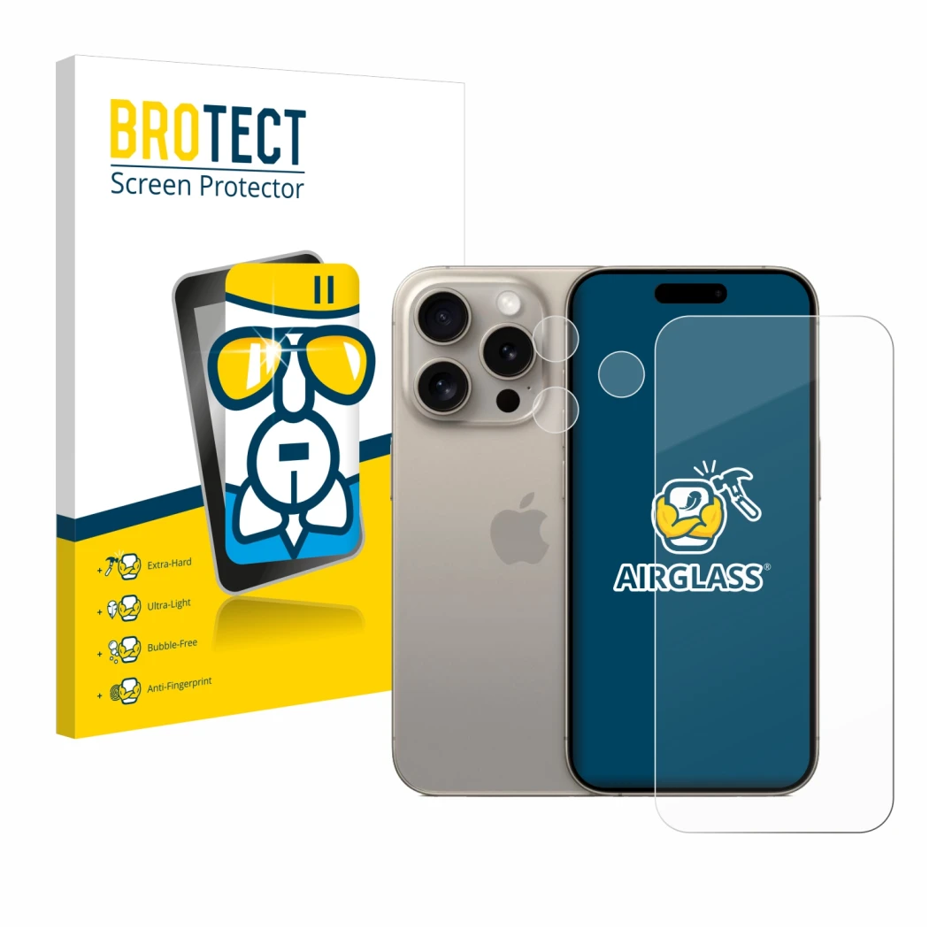 Parte frontal de un envase de producto con el logotipo de la marca BROTECT. Al lado se muestra el dispositivo Apple iPhone 15 