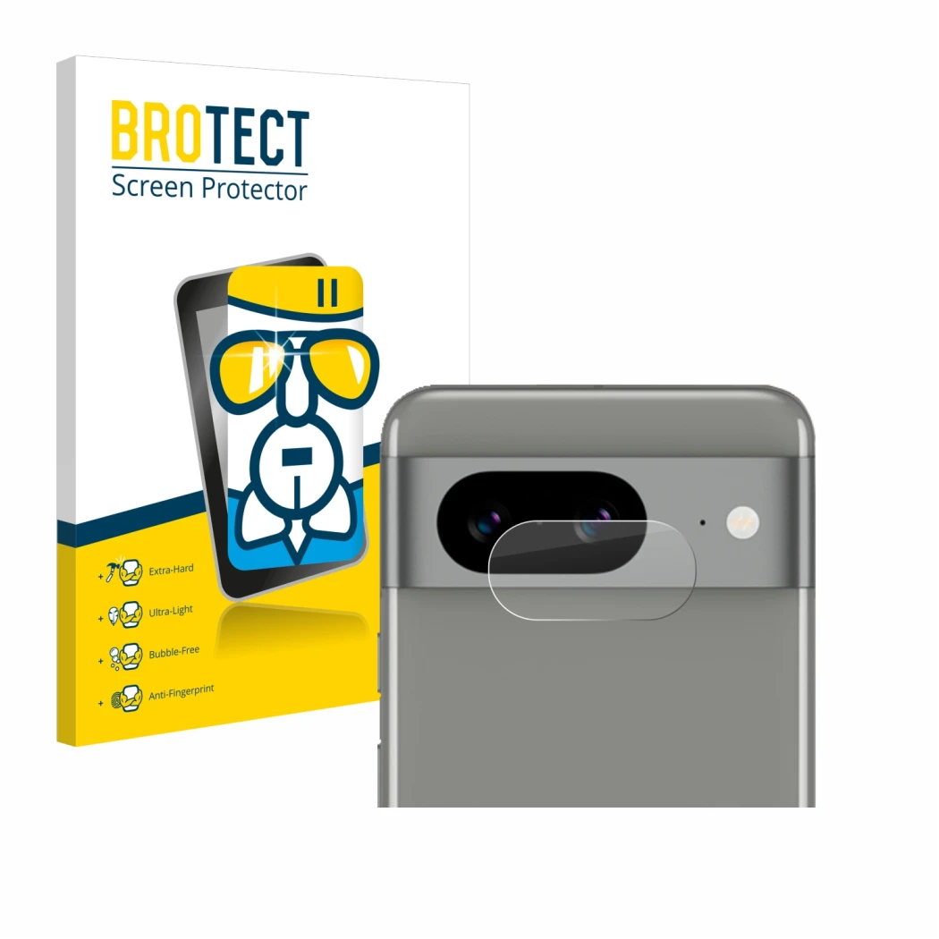 Parte frontal de un envase de producto con el logotipo de la marca BROTECT. Al lado se muestra el dispositivo Google Pixel 8 (