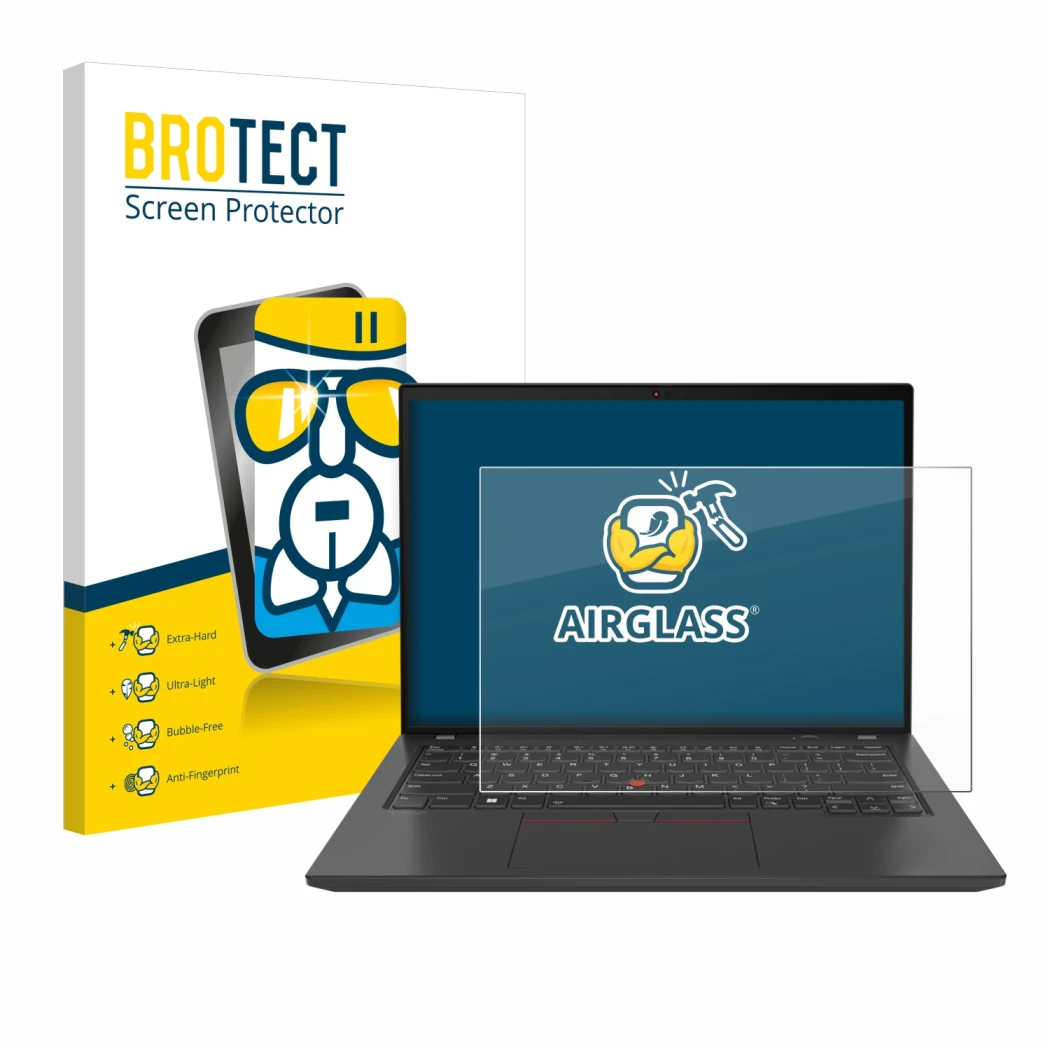 Parte frontal de un envase de producto con el logotipo de la marca BROTECT. Al lado se muestra el dispositivo Lenovo ThinkPad 