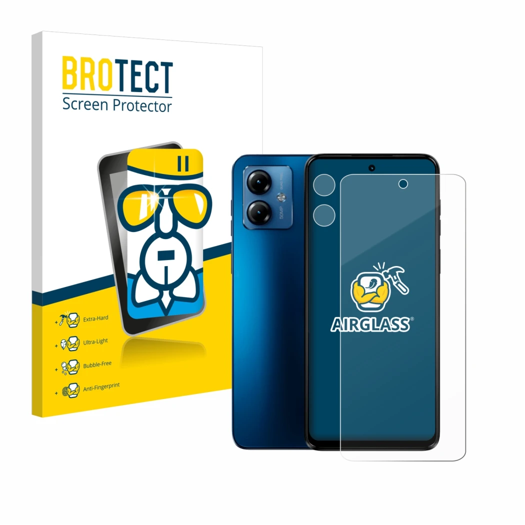Parte frontal de un envase de producto con el logotipo de la marca BROTECT. Al lado se muestra el dispositivo Motorola Moto G1