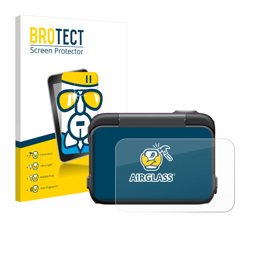 Parte frontal de un envase de producto con el logotipo de la marca BROTECT. Al lado se muestra el dispositivo Insta360 Ace Pro