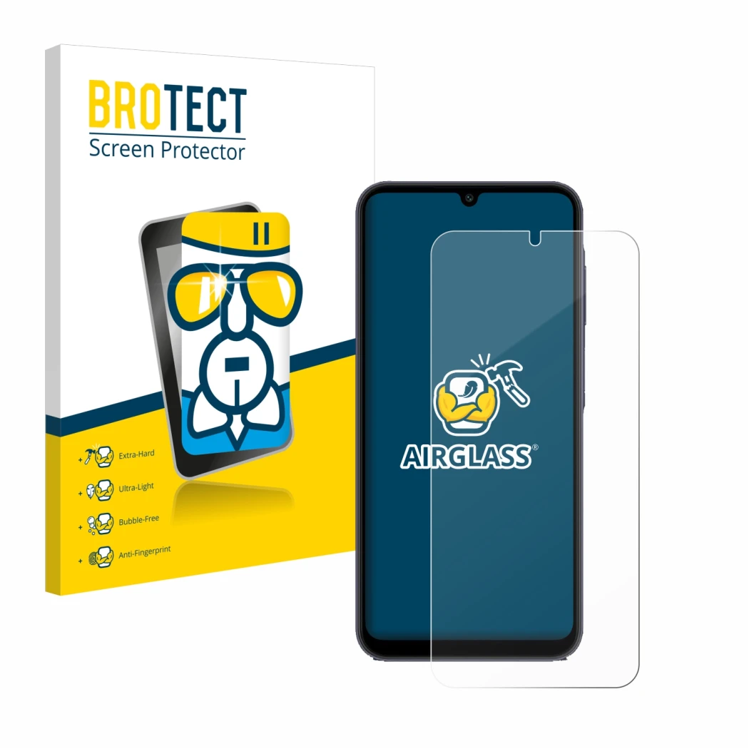 Parte frontal de un envase de producto con el logotipo de la marca BROTECT. Al lado se muestra el dispositivo Samsung Galaxy A