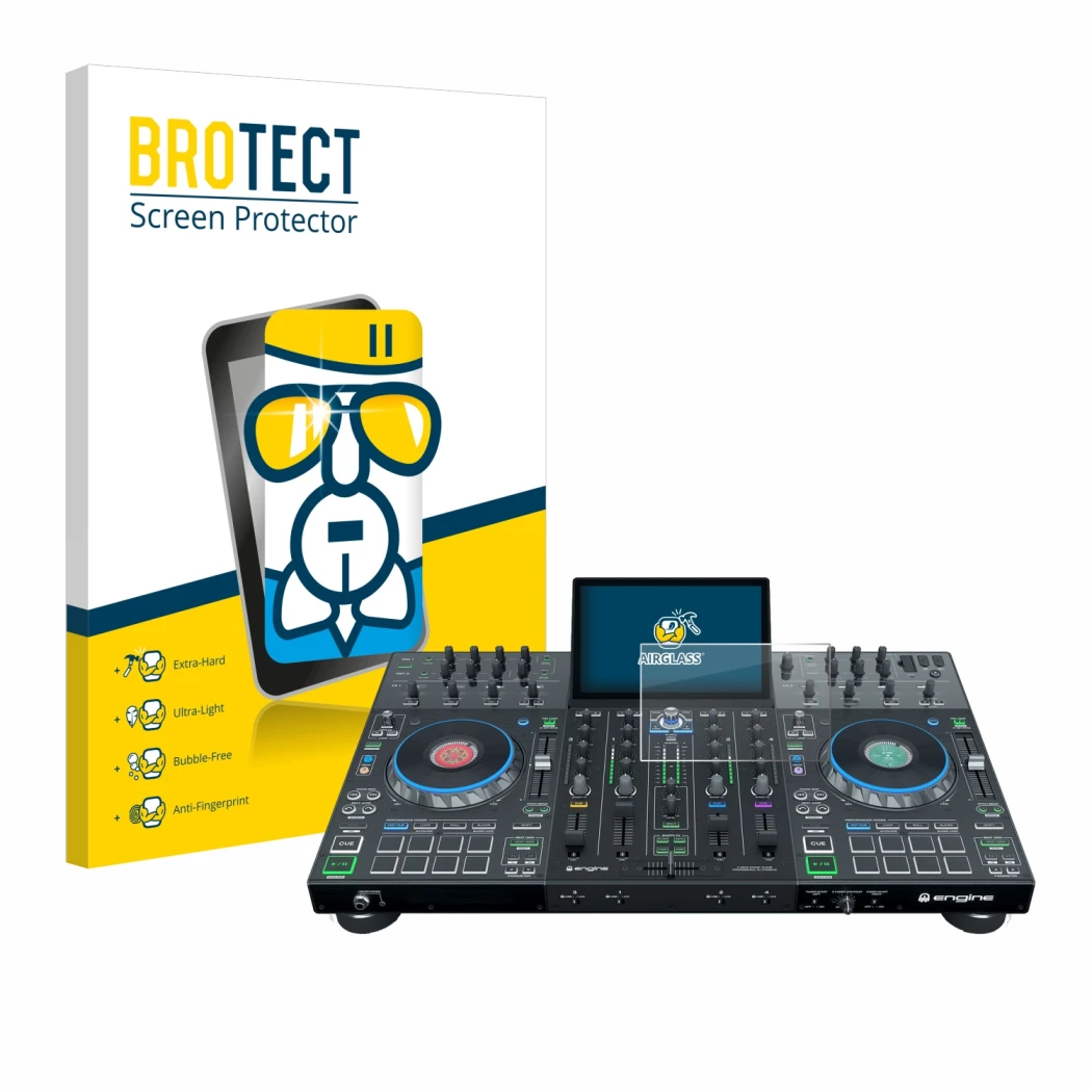 Parte frontal de un envase de producto con el logotipo de la marca BROTECT. Al lado se muestra el dispositivo Denon DJ Prime 4