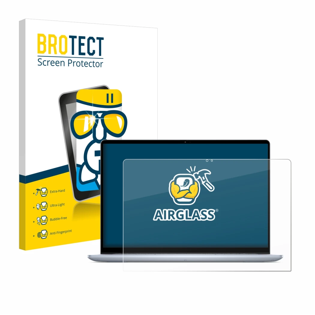 Parte frontal de un envase de producto con el logotipo de la marca BROTECT. Al lado se muestra el dispositivo Dell Inspiron 16