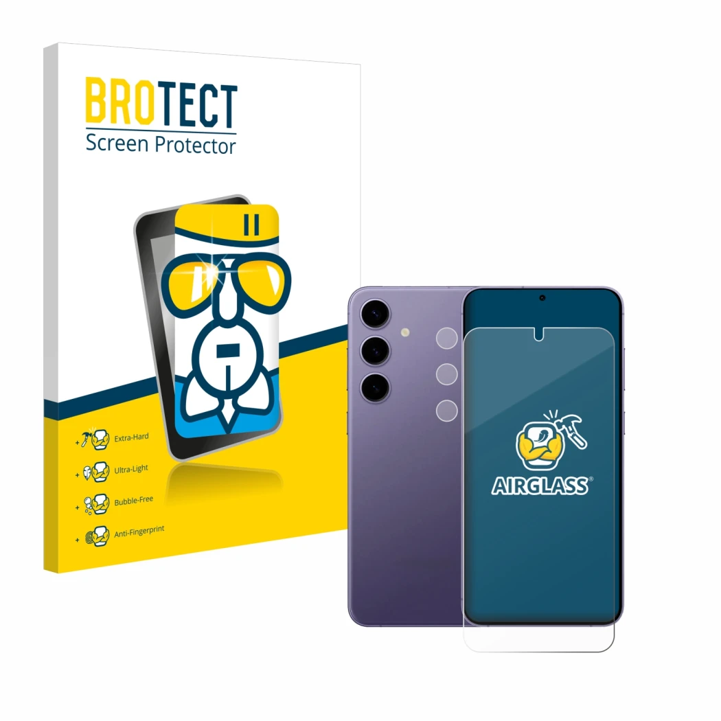 Parte frontal de un envase de producto con el logotipo de la marca BROTECT. Al lado se muestra el dispositivo Samsung Galaxy S