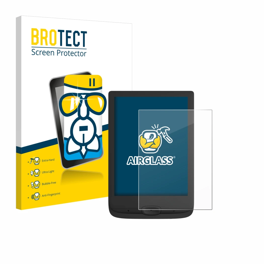 Parte frontal de un envase de producto con el logotipo de la marca BROTECT. Al lado se muestra el dispositivo PocketBook Basic