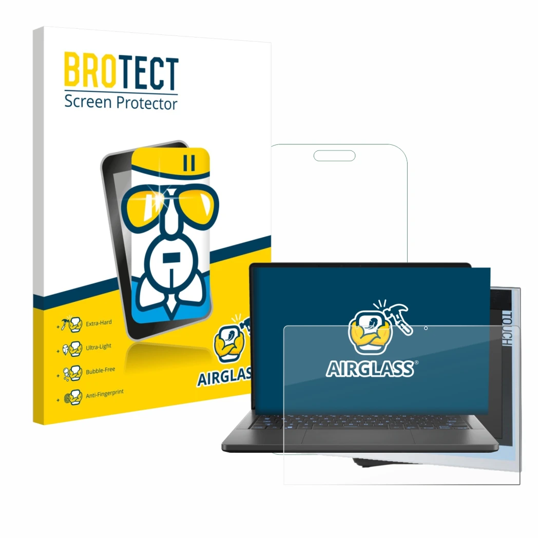 Parte frontal de un envase de producto con el logotipo de la marca BROTECT. Al lado se muestra el dispositivo ASUS ROG Zephyru