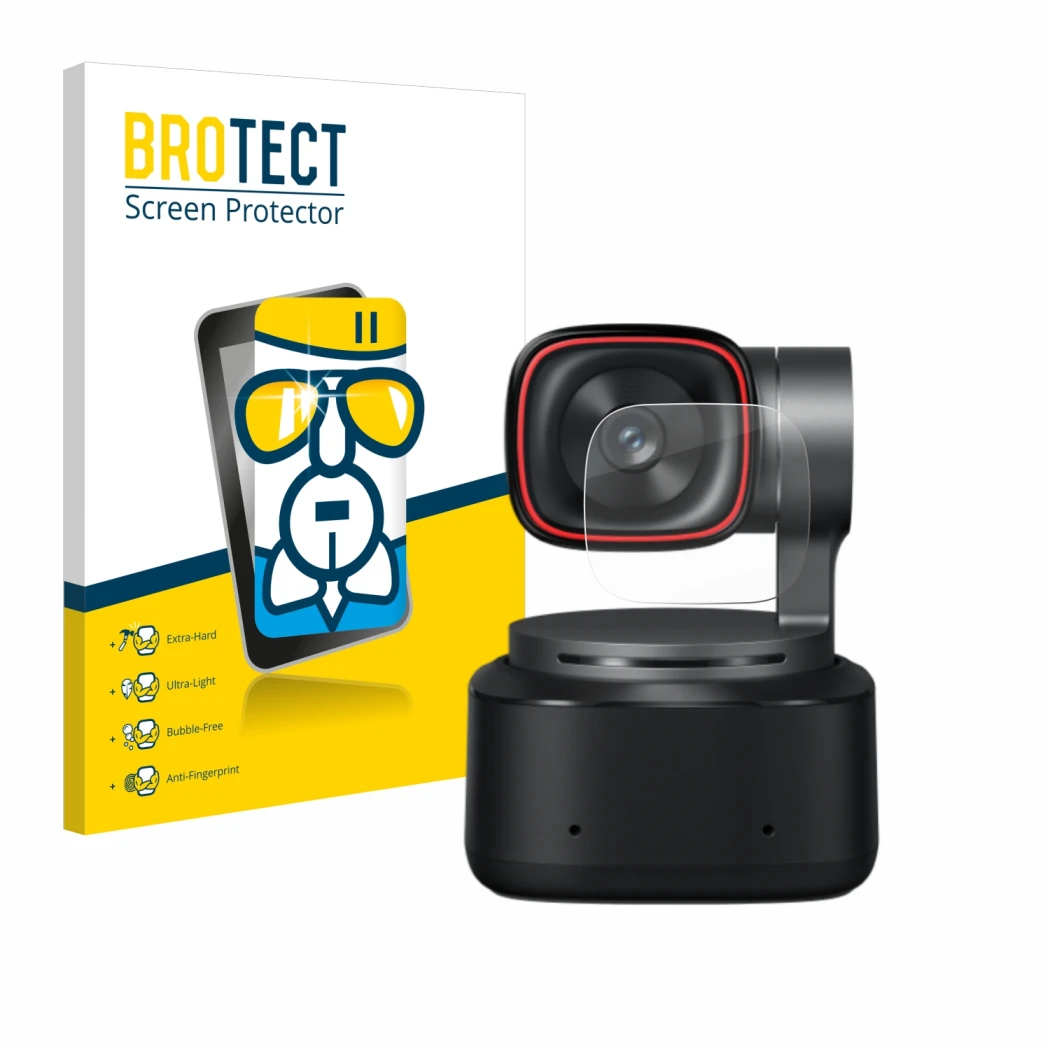 Parte frontal de un envase de producto con el logotipo de la marca BROTECT. Al lado se muestra el dispositivo OBSBOT Tiny 2 co