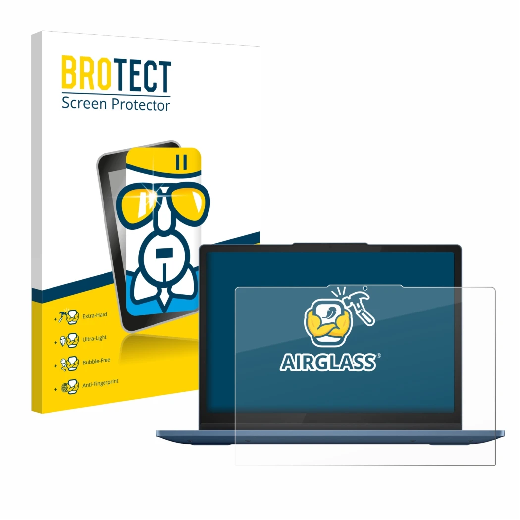 Parte frontal de un envase de producto con el logotipo de la marca BROTECT. Al lado se muestra el dispositivo Lenovo IdeaPad F