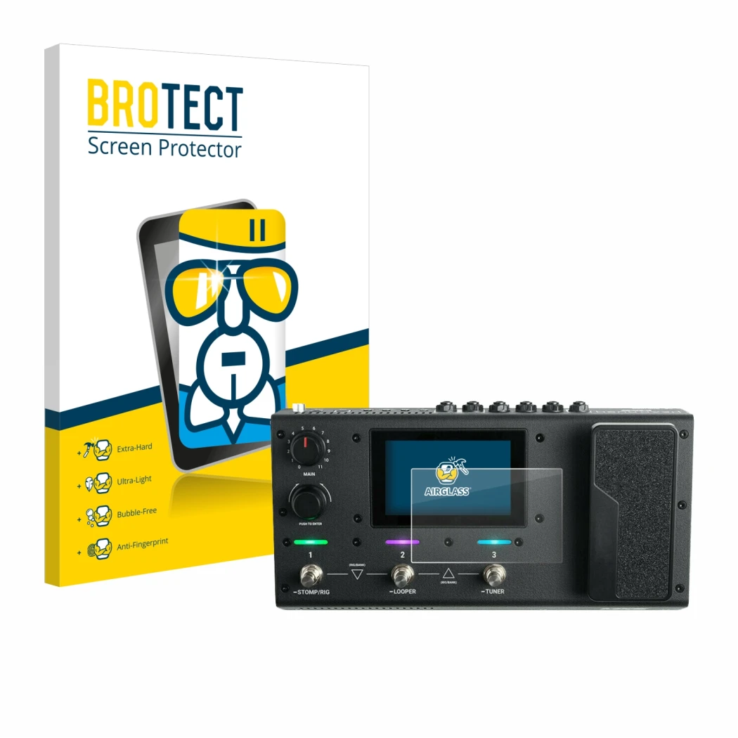 Parte frontal de un envase de producto con el logotipo de la marca BROTECT. Al lado se muestra el dispositivo Headrush MX5 con