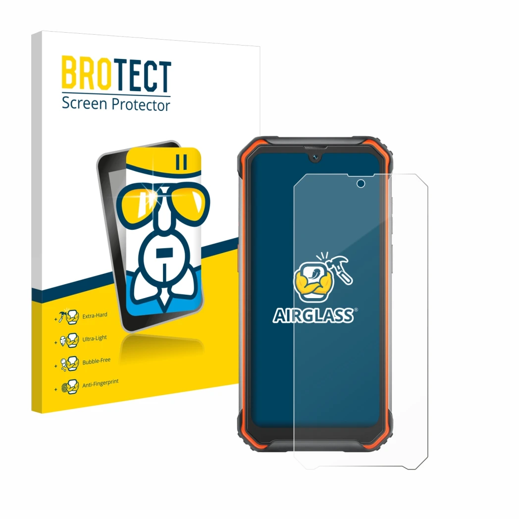 Parte frontal de un envase de producto con el logotipo de la marca BROTECT. Al lado se muestra el dispositivo Blackview BV7200